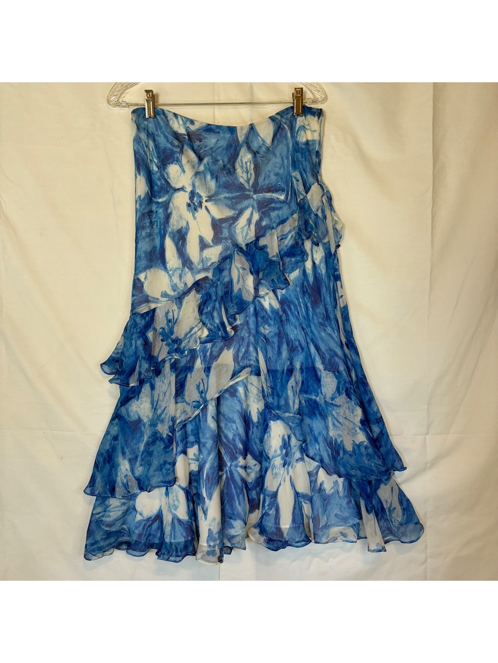 Lauren Ralph Lauren 100% Silk Ruffled Fairy Midi Skirt Blue Floral Tiered Sz M
